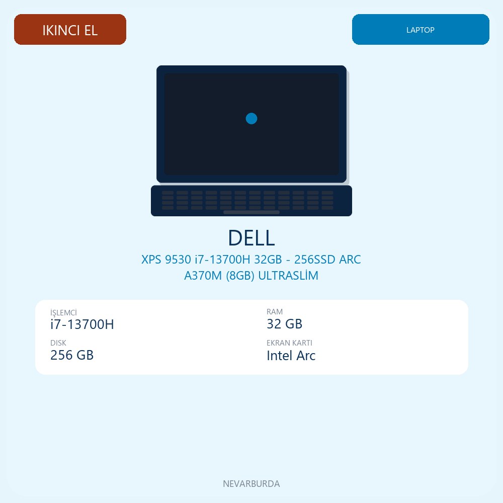 XPS 9530 i7-13700H 32GB - 256SSD ARC A370M (8GB) ULTRASLİM