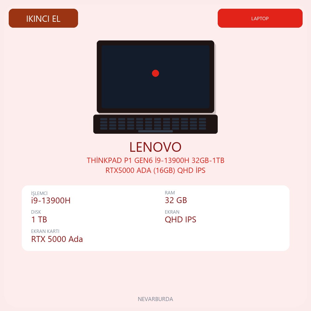 THİNKPAD P1 GEN6 İ9-13900H 32GB-1TB RTX5000 ADA (16GB) QHD İPS