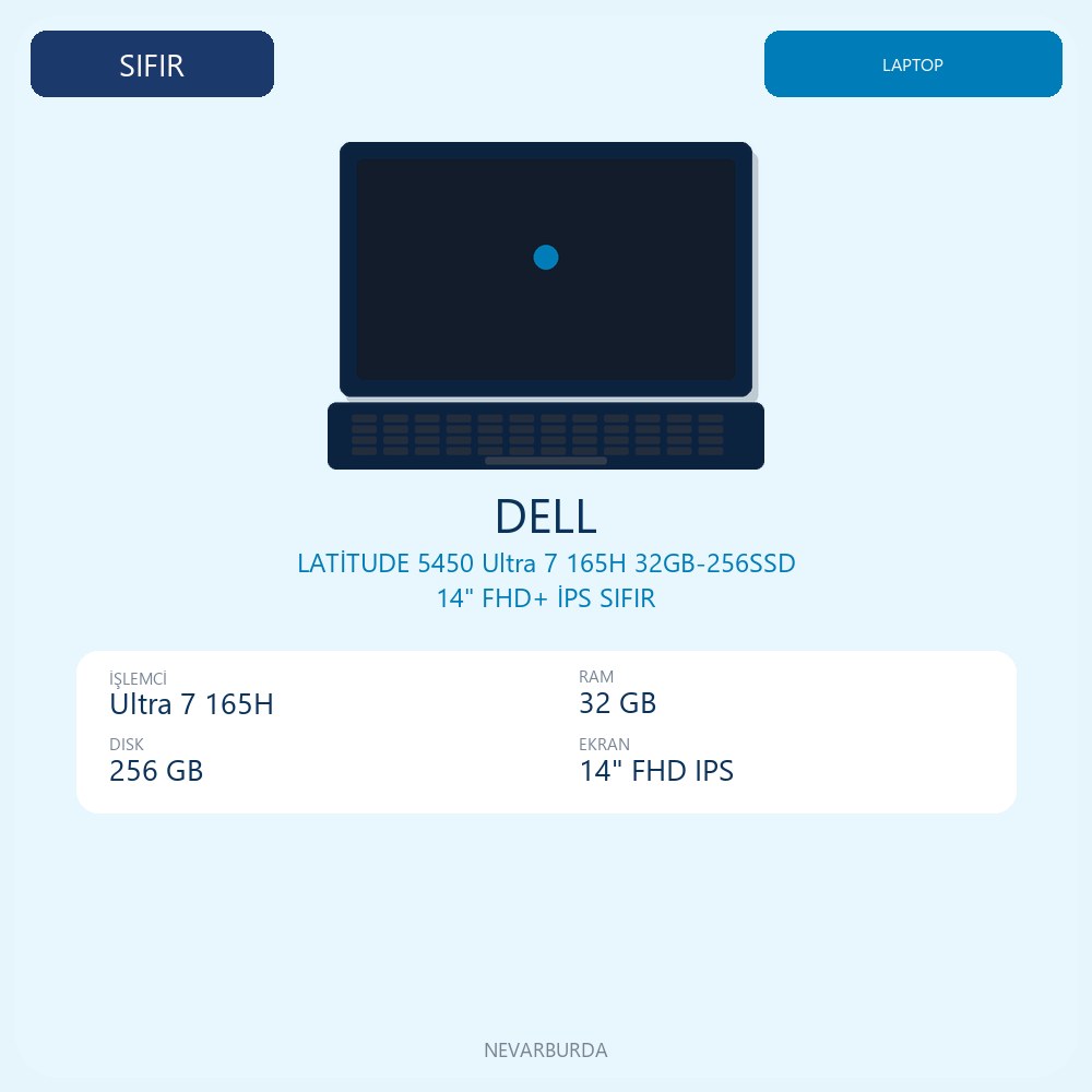 LATİTUDE 5450 Ultra 7 165H 32GB-256SSD 14" FHD+ İPS SIFIR