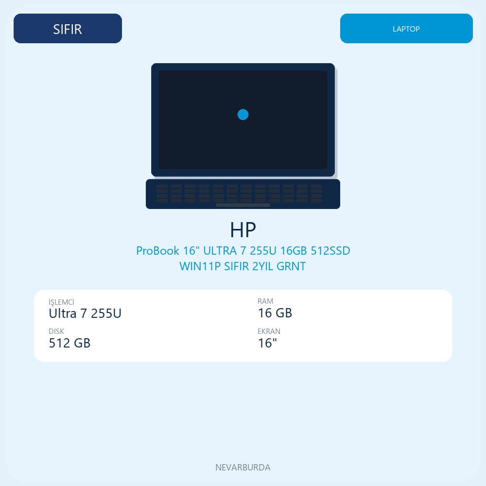 ProBook 16" ULTRA 7 255U 16GB 512SSD WIN11P SIFIR 2YIL GRNT