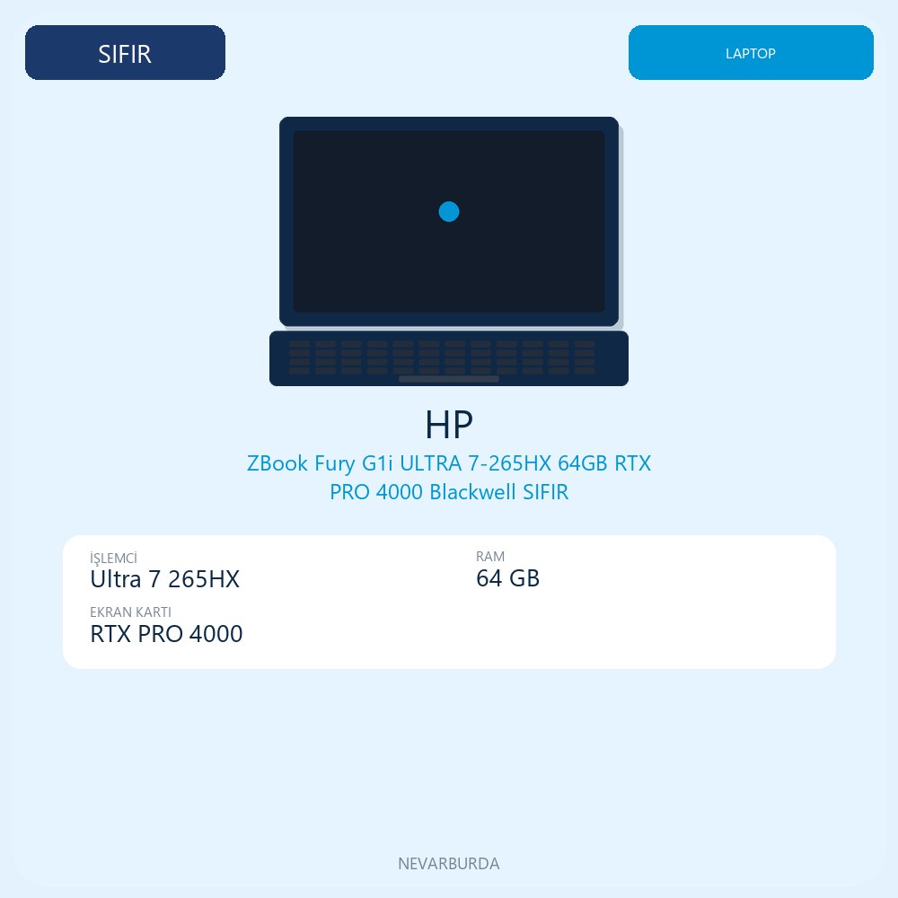 ZBook Fury G1i ULTRA 7-265HX 64GB RTX PRO 4000 Blackwell SIFIR