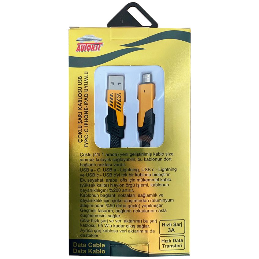 Autokit ÇOKLU ŞARJ KABLOSU USB TYPC-C IPHONE-IPAD UYUMLU