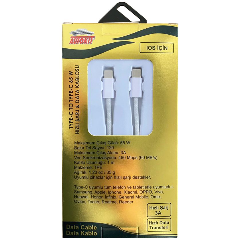 Autokit TYPE-C TO TYPE-C 65 W HIZLI ŞARJ VE DATA KABLOSU