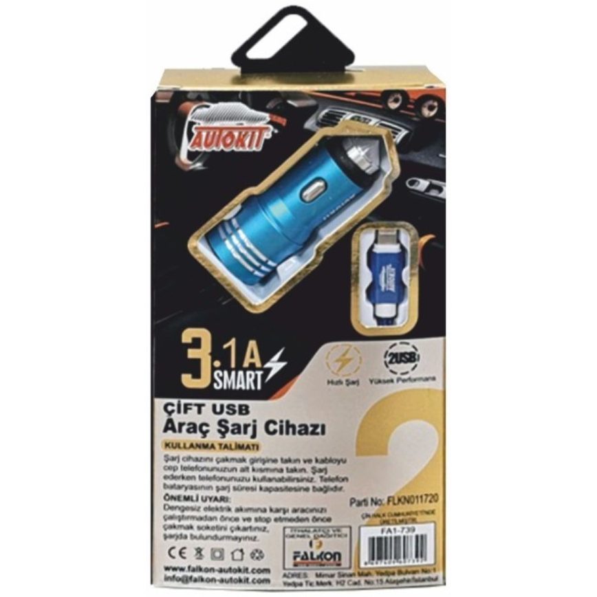 Autokit METAL ARAÇ ŞARJI 2 USB 3.1 AMP IPHONE