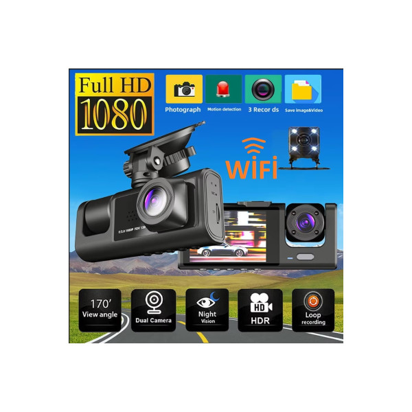 WİFİ Lİ 3 KAMERALI ARAÇ İÇİ KAMERA KAYIT CİHAZI 3 LENS CARDVR DASH CAM ÖN İÇ VE GERİ GÖRÜŞ KAMERASI