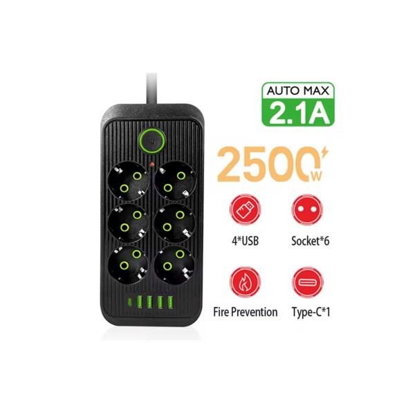 6 LI PRİZ 6 Soket 220V 4Usb 5V2.1A 1 Pd 2.1A Şarj Termal Akım Korumalı Priz 2 Metre Kablo Çoklu Priz