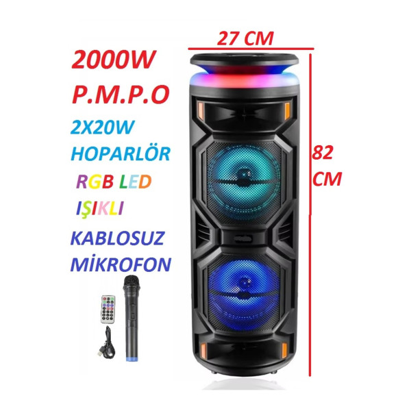 2X8 İNÇ BÜYÜK BOY TEKERLEKLİ BLUETOOTH SPEAKER ŞARJLI KABLOSUZ MİKROFONLU HOPARLÖR