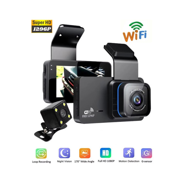 WİFİ Lİ ARAÇ İÇİ KAMERA 3 İNÇ EKRANLI ÖN VE GERİ GÖRÜŞ KAMERALI MİKROFONLU 1296P SUPER HD
