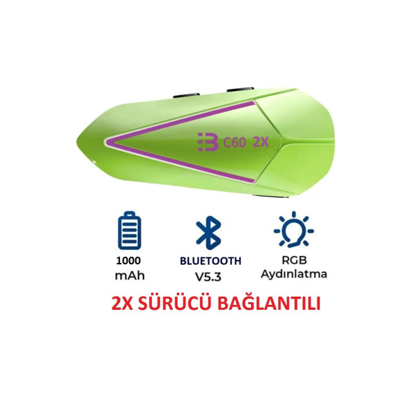 MOTORSİKLET BLUETOOTH 5.3 KULAKLIK RGB LED IŞIKLI 2X İNTERCOM ÇİFT TELEFONA BAĞLANABİLEN İNTERKOM