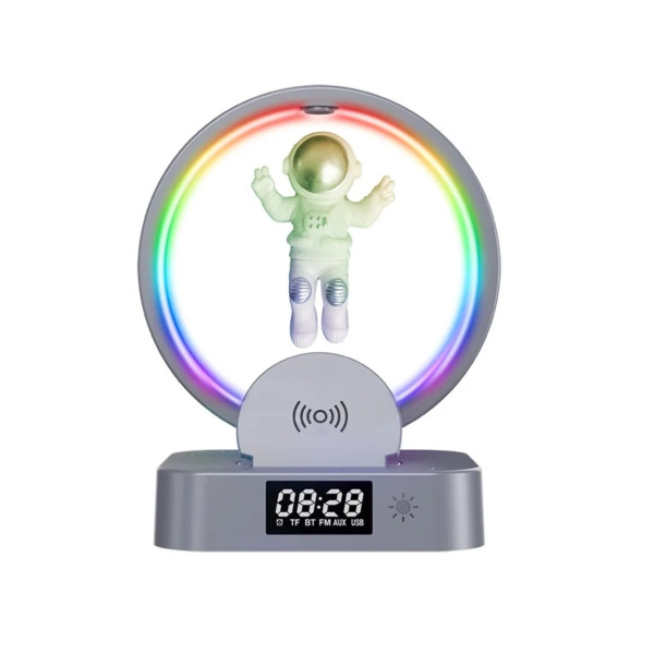 Bluetooth Hoparlör Sd Kart Usb Fm Radyo 5w Kablosuz Şarj Çalar Saat Gece Lambası Ambians Led Işık