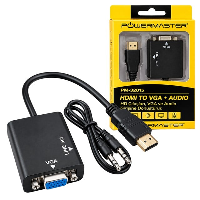 Powermaster PM-32015 HDMI to VGA + Audio Ses Destekli Aktif Dönüştürücü Çevirici Adaptör